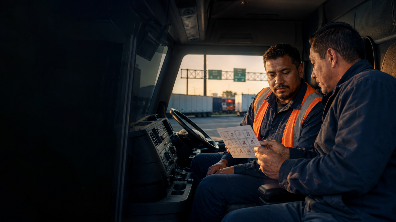 Trucking instructor teaching a driver in a semi-truck cab